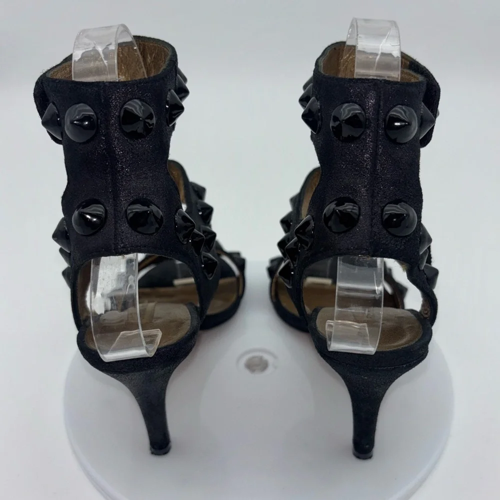 CYNTHIA VINCENT Black Strappy Heel Shoe Studded Hook Loop Sexy Ankle Wedding 6.5